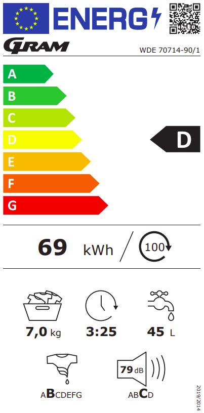 Gram - WDE 70714-90/1, Vit, 7 kg, Snabbtvättprogram